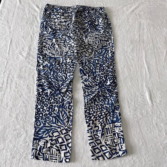 Lilly Pulitzer Linen Ankle Pants Women M Indigo White Pink Tassels Boho Coastal - Picture 2 of 11